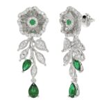 18K WHITE GOLD 2 1/4CT ROUND/PEAR DIAMOND LADIES EARRINGS(COLOR STONE PEAR DIAMOND 1 3/8CT/EMERALD/ROUND DIAMOND 1/10CT) - Image 2