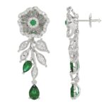 18K WHITE GOLD 2 1/4CT ROUND/PEAR DIAMOND LADIES EARRINGS(COLOR STONE PEAR DIAMOND 1 3/8CT/EMERALD/ROUND DIAMOND 1/10CT) - Image 3