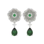 18K WHITE GOLD 2CT ROUND/PEAR DIAMOND LADIES EARRINGS(COLOR STONE GREEN EMERALD ROUND DIAMOND 1/15CT / PEAR DIAMOND 1 3/8CT)