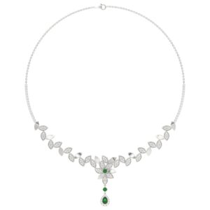 18K WHITE GOLD 3 1/5CT ROUND/EMERALD/PEAR DIAMOND LADIES NECKLACE(COLOR STONE GREEN EMERALD/ROUND DIAMOND 1/4CT/PEAR DIAMOND 1/2CT)