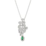 18K WHITE GOLD 3/4CT ROUND/PEAR DIAMOND LADIES NECKLACE(COLOR STONE PEAR GREEN EMERALD DIAMOND 1/4CT) - Image 2