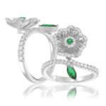 18K WHITE GOLD 7/8CT ROUND/MARQUISE DIAMOND LADIES RING(COLOR STONE GREEN EMERALD ROUND DIAMOND 1/20CT/MARQUISE DIAMOND 1/3CT)