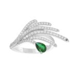 18K WHITE GOLD 7/8CT ROUND/PEAR DIAMOND LADIES RING(COLOR STONE EMERALD/PEAR DIAMOND 1/2CT)