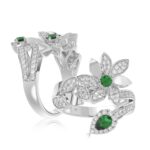 18K WHITE GOLD 7/8CT ROUND/PEAR DIAMOND LADIES RING(COLOR STONE GREEN EMERALD PEAR DIAMOND 1/4CT/ROUND DIAMOND 1/8CT)