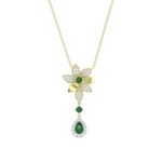 18K YELLOW GOLD 1 1/6CT ROUND/EMERALD/PEAR DIAMOND LADIES NECKLACE(COLOR STONE GREEN EMERALD ROUND DIAMOND 1/4CT/PEAR DIAMOND 1/2CT)