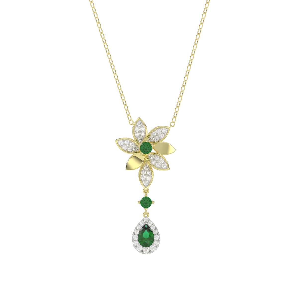 19175431_VA21026Y-1201x1201.jpg 18K YELLOW GOLD 1 1/6CT ROUND/EMERALD/PEAR DIAMOND LADIES NECKLACE(COLOR STONE GREEN EMERALD ROUND DIAMOND 1/4CT/PEAR DIAMOND 1/2CT) - Image 1
