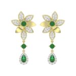 18K YELLOW GOLD 1 3/4CT ROUND/PEAR DIAMOND LADIES EARRINGS(COLOR STONE GREEN EMERALD DIAMOND 1/2CT/PEAR DIAMOND 1/2CT)
