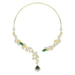 18K YELLOW GOLD 11 3/4CT ROUND/PEAR/MARQUISE DIAMOND LADIES NECKLACE(COLOR STONE GREEN EMERALD PEAR DIAMOND 4 1/6CT/MARQUISE DIAMOND 3 5/8CT)
