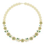 18K YELLOW GOLD 6 1/3CT ROUND/EMERALD/PEAR/MARQUISE DIAMOND LADIES NECKLACE(COLOR STONE GREEN EMERALD ROUND DIAMOND 3/8CT / PEAR DIAMOND 1/2CT / MARQU