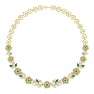 18K YELLOW GOLD 6 1/3CT ROUND/EMERALD/PEAR/MARQUISE DIAMOND LADIES NECKLACE(COLOR STONE GREEN EMERALD ROUND DIAMOND 3/8CT / PEAR DIAMOND 1/2CT / MARQU