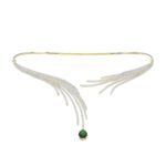 18K YELLOW GOLD 6CT ROUND/PEAR DIAMOND LADIES NECKLACE(COLOR STONE EMERALD/PEAR 4 1/6CT)