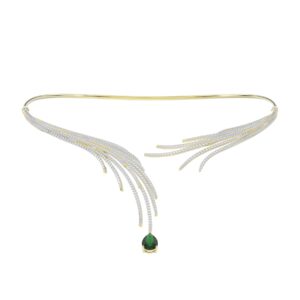 18K YELLOW GOLD 6CT ROUND/PEAR DIAMOND LADIES NECKLACE(COLOR STONE EMERALD/PEAR 4 1/6CT)