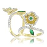 18K YELLOW GOLD 7/8CT ROUND/MARQUISE DIAMOND LADIES RING(COLOR STONE GREEN EMERALD ROUND DIAMOND 1/20CT/MARQUISE DIAMOND 1/3CT)