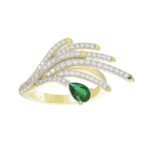 18K YELLOW GOLD 7/8CT ROUND/PEAR DIAMOND LADIES RING(COLOR STONE EMERALD/PEAR DIAMOND 1/2CT)