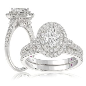 14K WHITE GOLD 1 1/2CT ROUND/BAGUETTE/OVAL DIAMOND LADIES BRIDAL SET(CENTER STONE OVAL DIAMOND 3/4CT)