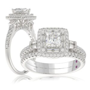14K WHITE GOLD 1 1/2CT ROUND/BAGUETTE/PRINCESS DIAMOND LADIES BRIDAL SET(CENTER STONE PRINCESS DIAMOND 3/4CT)