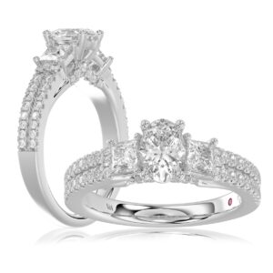 14K WHITE GOLD 1 1/2CT ROUND/PRINCESS/OVAL DIAMOND LADIES RING( CENTER STONE OVAL DIAMOND 3/4 CT / 2 SIDE STONE PRINCESS DIAMOND 1/2CT)