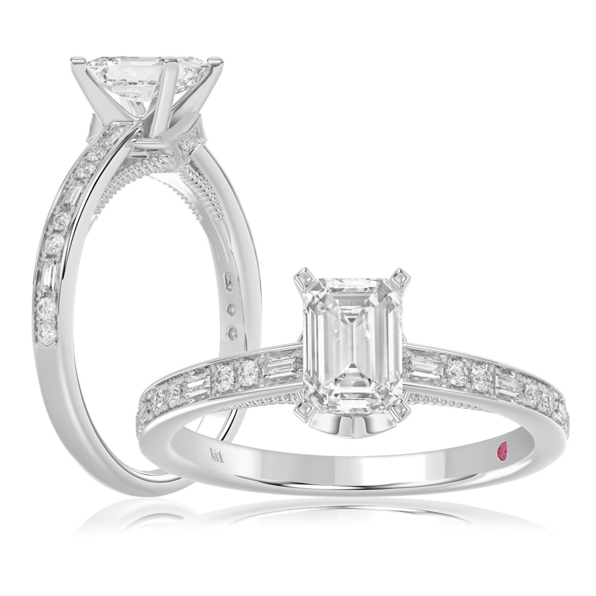 19175914_VA14387W-AB-1201x1201.jpg 14K WHITE GOLD 1/6CT ROUND/BAGUETTE/EMERALD DIAMOND LADIES RING(CENTER STONE MOUNT EMERALD DIAMOND 1CT) - Image 1