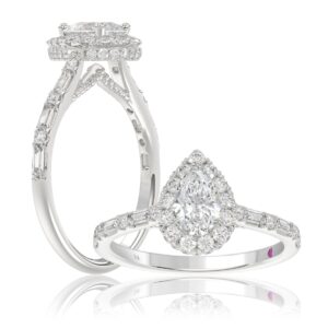 14K WHITE GOLD 1CT ROUND/BAGUETTE/PEAR DIAMOND LADIES RING( CENTER STONE PEAR DIAMOND 1/2 CT)