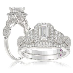 14K WHITE GOLD 1CT ROUND/EMERALD DIAMOND LADIES BRIDAL SET(CENTER STONE EMERALD DIAMOND 1/2CT)