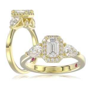 14K YELLOW GOLD 1 1/2CT ROUND/PEAR LADIES RING(CENTER STONE EMERALD DIAMOND 3/4 CT / 2 SIDE STONE PEAR DIAMOND 1/3 CT)