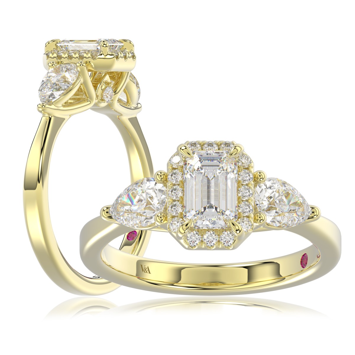 19176110_VA16889Y-1201x1201.jpg 14K YELLOW GOLD 1 1/2CT ROUND/PEAR LADIES RING(CENTER STONE EMERALD DIAMOND 3/4 CT / 2 SIDE STONE PEAR DIAMOND 1/3 CT) - Image 1