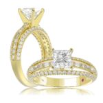 14K YELLOW GOLD 1/2CT ROUND/BAGUETTE/PRINCESS DIAMOND LADIES SEMI MOUNT RING(CENTER STONE MOUNT PRINCESS DIAMOND 1CT)