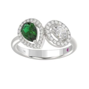 18K WHITE GOLD 1 1/3CT ROUND/PEAR/OVAL DIAMOND LADIES RING(COLOR STONE GREEN EMERALD PEAR DIAMOND 3/4CT / OVAL DIAMOND 1/4CT)