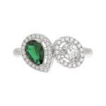 18K WHITE GOLD 1 1/3CT ROUND/PEAR/OVAL DIAMOND LADIES RING(COLOR STONE GREEN EMERALD PEAR DIAMOND 3/4CT / OVAL DIAMOND 1/4CT) - Image 4