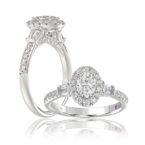 18K WHITE GOLD 1 1/4CT ROUND/BAGUETTE/OVAL DIAMOND LADIES RING(CENTER STONE OVAL DIAMOND 3/4CT)