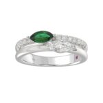 18K WHITE GOLD 1/2CT ROUND/MARQUISE DIAMOND LADIES RING(COLOR STONE MARQUISE GREEN EMERALD DIAMOND 1/3CT)
