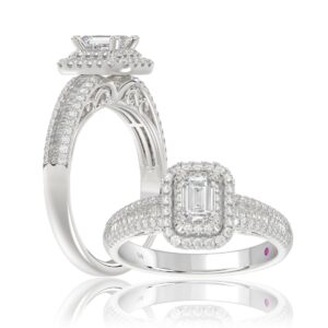 18K WHITE GOLD 1CT ROUND/BAGUETTE/EMERALD DIAMOND LADIES RING(CENTER STONE EMERALD DIAMOND 1/2CT)