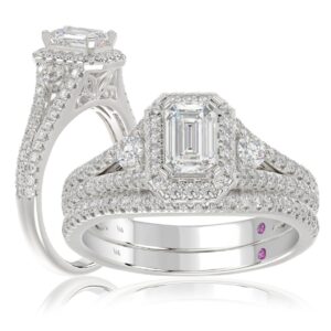 18K WHITE GOLD 3/4CT ROUND/EMERALD DIAMOND LADIES BRIDAL SET(CENTER STONE EMERALD DIAMOND 1/2CT)