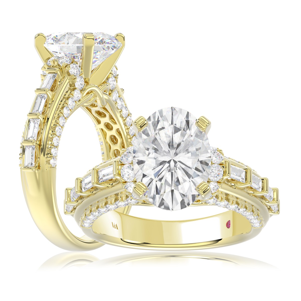 19177008_VA23026Y-AB-1201x1201.jpg 18K YELLOW GOLD 3 3/4CT ROUND/BAGUETTE/OVAL DIAMOND LADIES RING(CENTER STONE OVAL DIAMOND 3CT) - Image 1