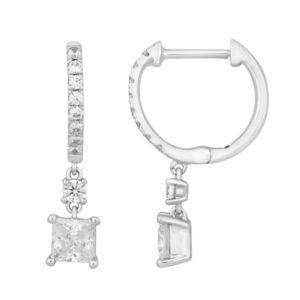 18K WHITE GOLD 1 1/4CT ROUND/PRINCESS DIAMOND LADIES HOOPS EARRINGS