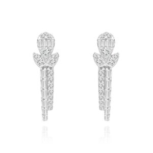 18K WHITE GOLD 1/2CT ROUND/BAGUETTE DIAMOND LADIES HOOPS EARRINGS