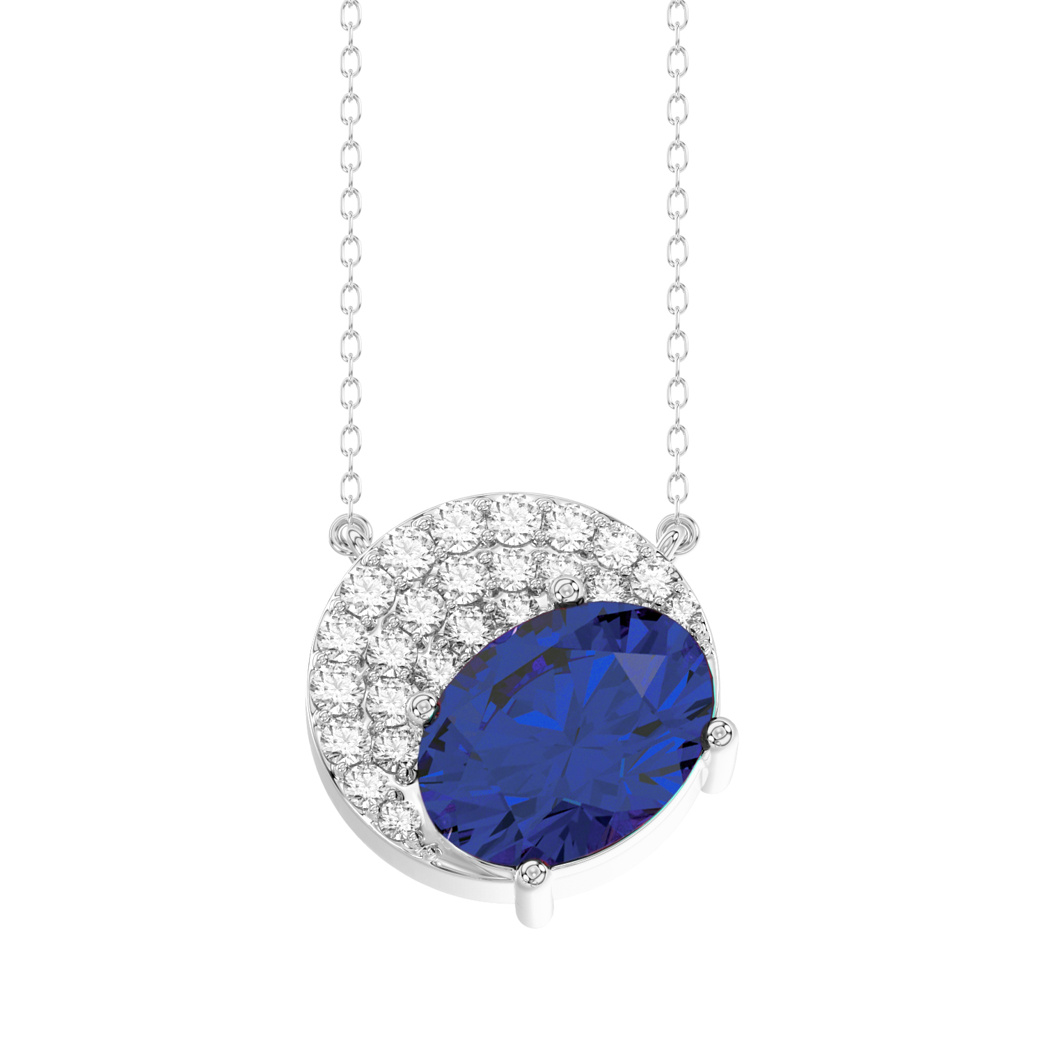 19190978_317550W.jpg LADIES PENDANT WITH CHAIN 1.75CT ROUND/OVAL BLUE SAPPHIRE DIAMOND 14K WHITE GOLD (CENTER STONE OVAL BLUE SAPPHIRE DIAMOND-1.60CT) - Image 1
