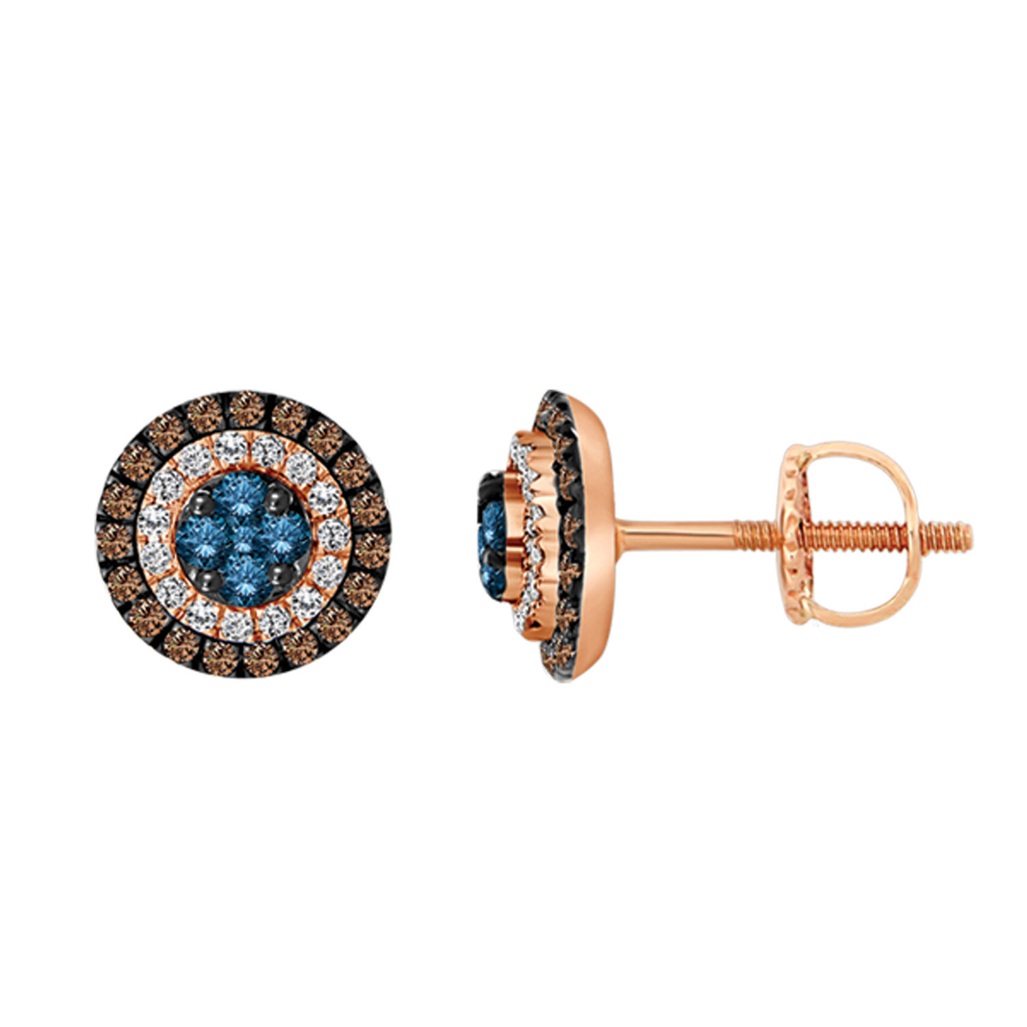 19190981_205257R.jpg LADIES EARRINGS 1.00CT ROUND/BLUE SAPPHIRE/DARK BROWN DIAMOND 14K ROSE GOLD - Image 1