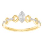 10K Yellow Gold 0.15CT Diamond Halo Ring Round & Baguette Promise Ring For Women