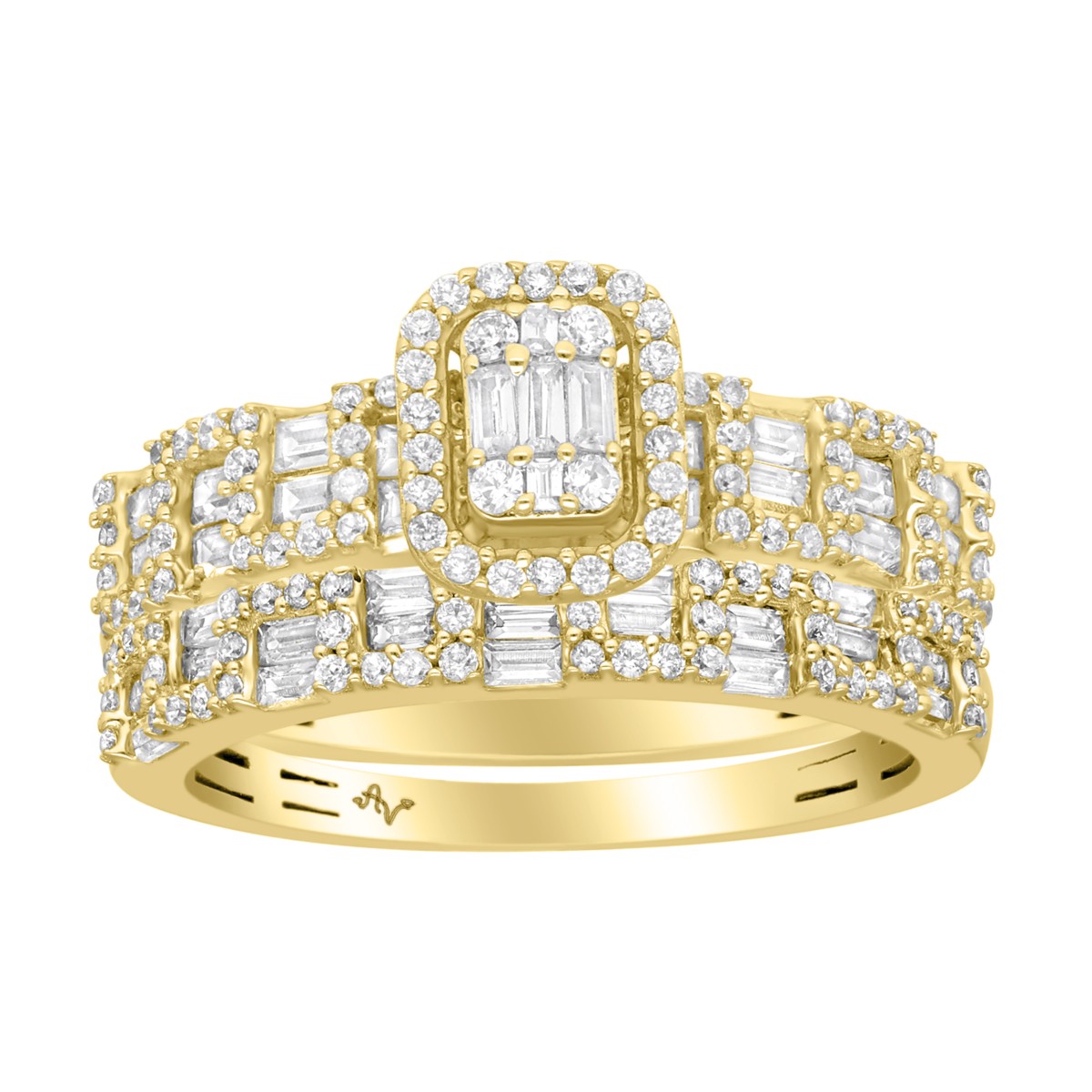 19196986_329352Y.jpg 14K Yellow Gold Diamond Bridal Set 1.00CT Round & Baguette Cluster Engagement Ring & Wedding Band - Image 1