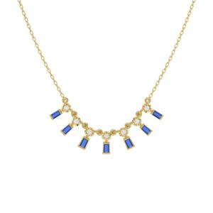 18K YELLOW GOLD 1/3CT ROUND/BAGUETTE DIAMOND LADIES NECKLACE (COLOR STONE BLUE SAPPHIRE 1/5CT)