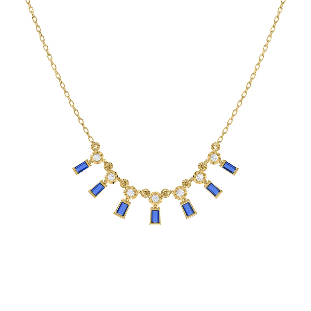 19223267_VA23478Y-1201x1201.jpg 18K YELLOW GOLD 1/3CT ROUND/BAGUETTE DIAMOND LADIES NECKLACE (COLOR STONE BLUE SAPPHIRE 1/5CT) - Image 1