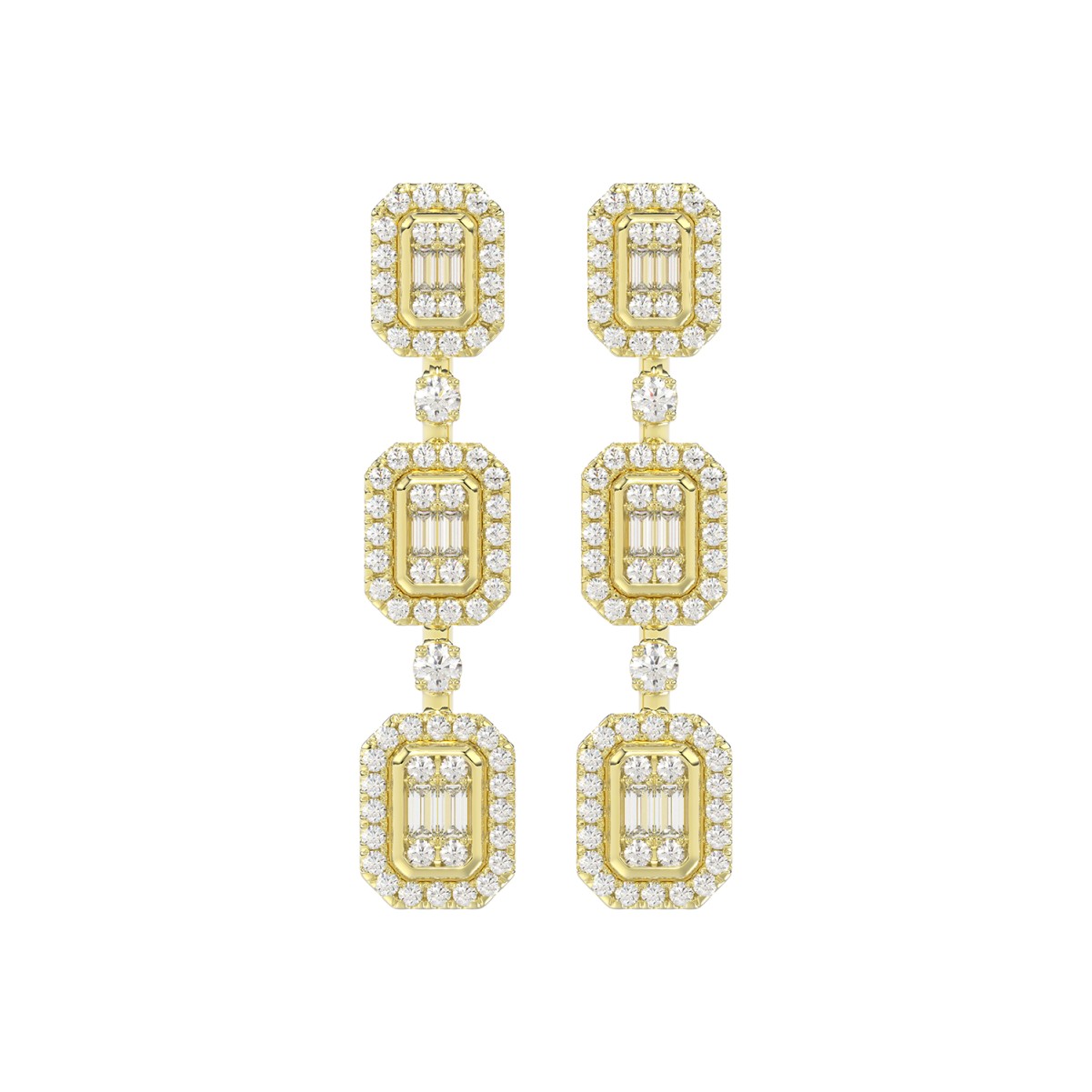 19223323_VA13283Y-1201x1201.jpg 14K 1CT YELLOW GOLD ROUND/BAGUETTE DIAMOND LADIES EARRINGS - Image 1