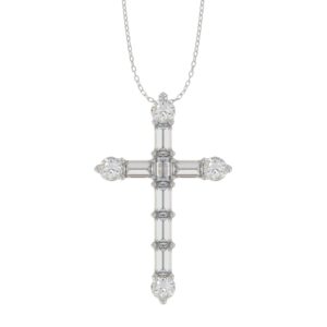 14K WHITE GOLD 1 1/6CT ROUND/BAGUETTE DIAMOND LADIES PENDANT WITH CHAIN