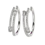 14K WHITE GOLD 3/4CT ROUND/BAGUETTE DIAMOND LADIES HOOPS EARRINGS - Image 3