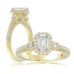 18K YELLOW GOLD 1 3/8CT ROUND/BAGUETTE/EMERALD DIAMOND LADIES RING(CENTER STONE EMERALD DIAMOND 3/4CT)