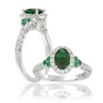 14K WHITE GOLD 1 3/8CT ROUND/OVAL DIAMOND LADIES FASHION RING(COLOR STONE OVAL GREEN EMERALD DIAMOND 1CT)