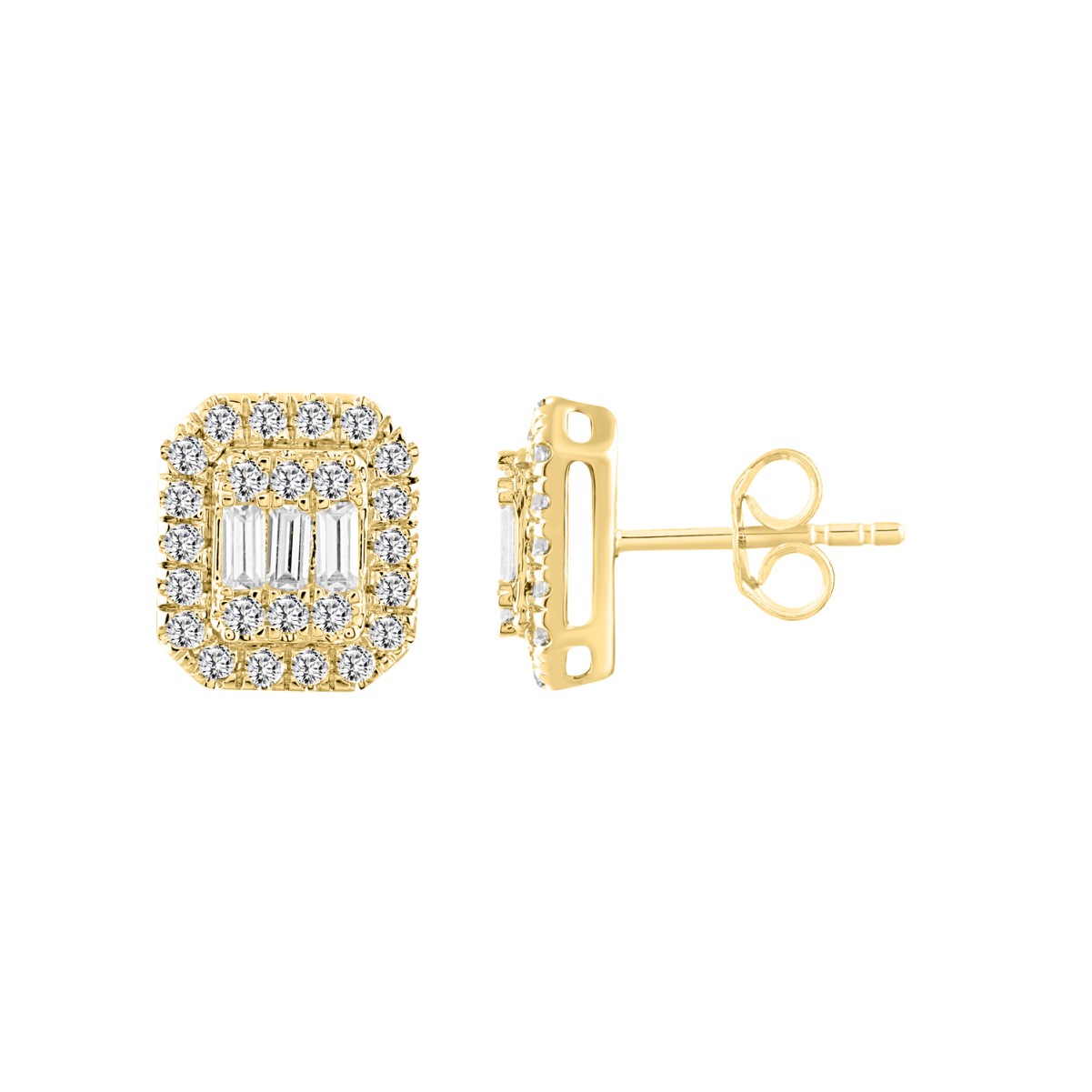 19224034_VA13346Y-1201x1201.jpg 14K YELLOW GOLD 1/2CT ROUND/BAGUETTE DIAMOND LADIES EARRINGS - Image 1