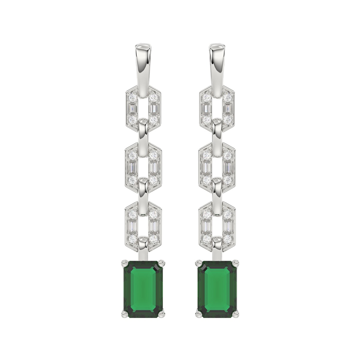 19224193_VA21123W-1201x1201.jpg 18K WHITE GOLD 2CT ROUND/BAGUETTE/EMERALD DIAMOND LADIES EARRINGS(COLOR STONE GREEN EMERALD DIAMOND 1 7/8CT) - Image 1