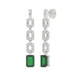 18K WHITE GOLD 2CT ROUND/BAGUETTE/EMERALD DIAMOND LADIES EARRINGS(COLOR STONE GREEN EMERALD DIAMOND 1 7/8CT) - Image 2